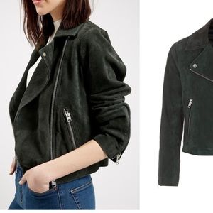 Top shop green suede moto jacket, XS. Barely worn.